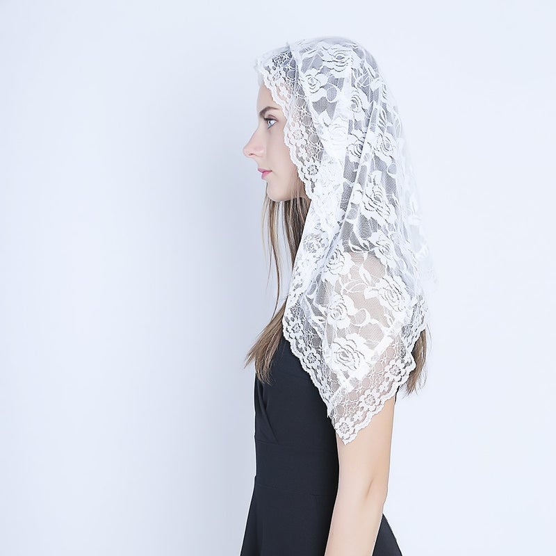 TREORSI Lace Mantilla Catholic Chapel Veil Head Covering Latin Mass (White) - Image 2
